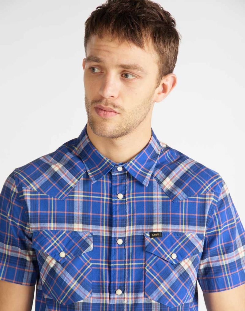 Camisa d'home de màniga curta, Lee L640DKNJ, de quadres color blau - 3 - La Casa Dels Pantalons