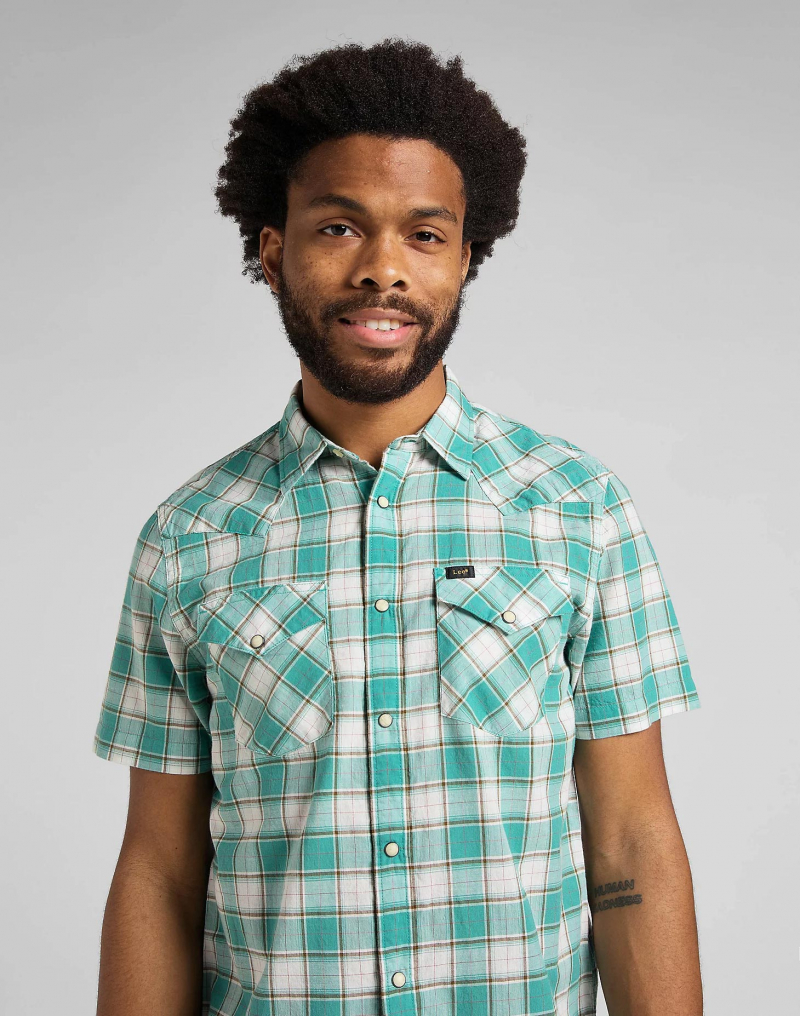 Camisa de hombre de manga corta Lee, L66OOBUB, de cuadros turquesa - 3 - La Casa Dels Pantalons