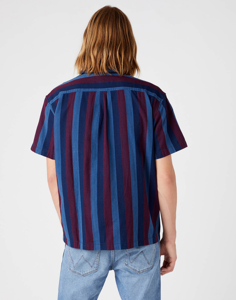 Camisa de hombre de manga corta Wrangler, W5J9LPR06, de rayas azules y granate - 3 - La Casa Dels Pantalons