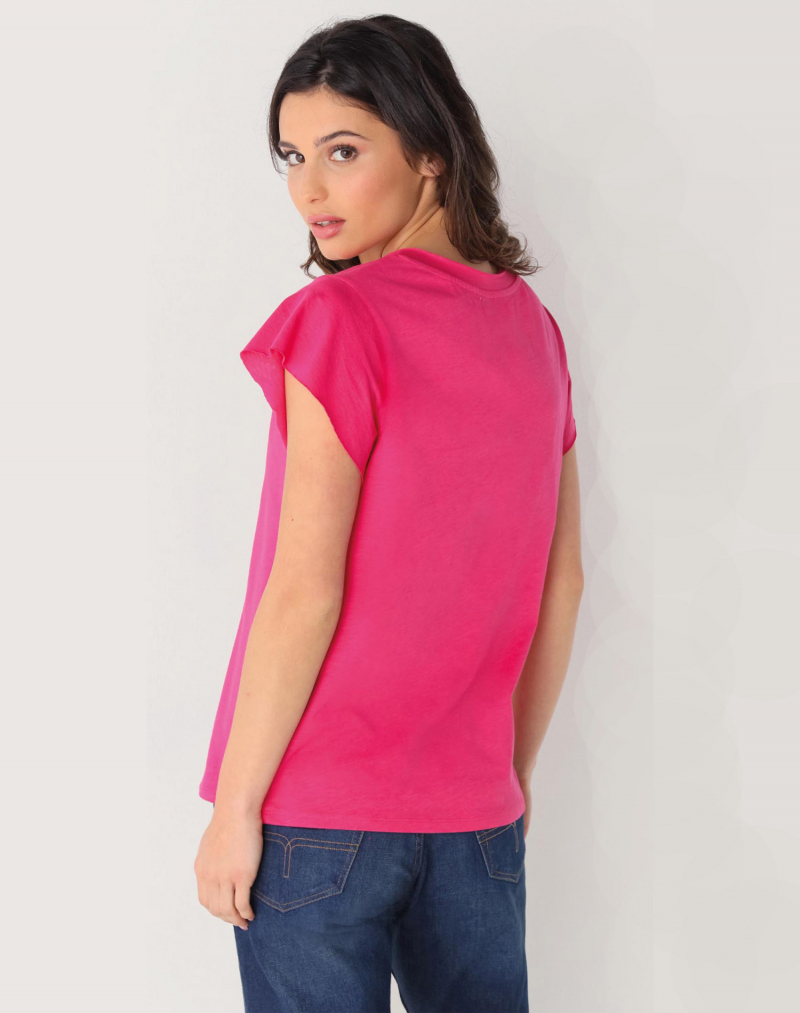 Camiseta de mujer de manga corta y cuello de pico Lois, modelo 42129/538, fúcsia - 2 - La Casa Dels Pantalons