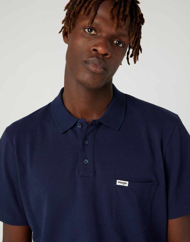 Polo piqué d'home amb butxaca de màniga curta Wrangler, W7BJK4114 112330816, blau marí - 3 - La Casa Dels Pantalons
