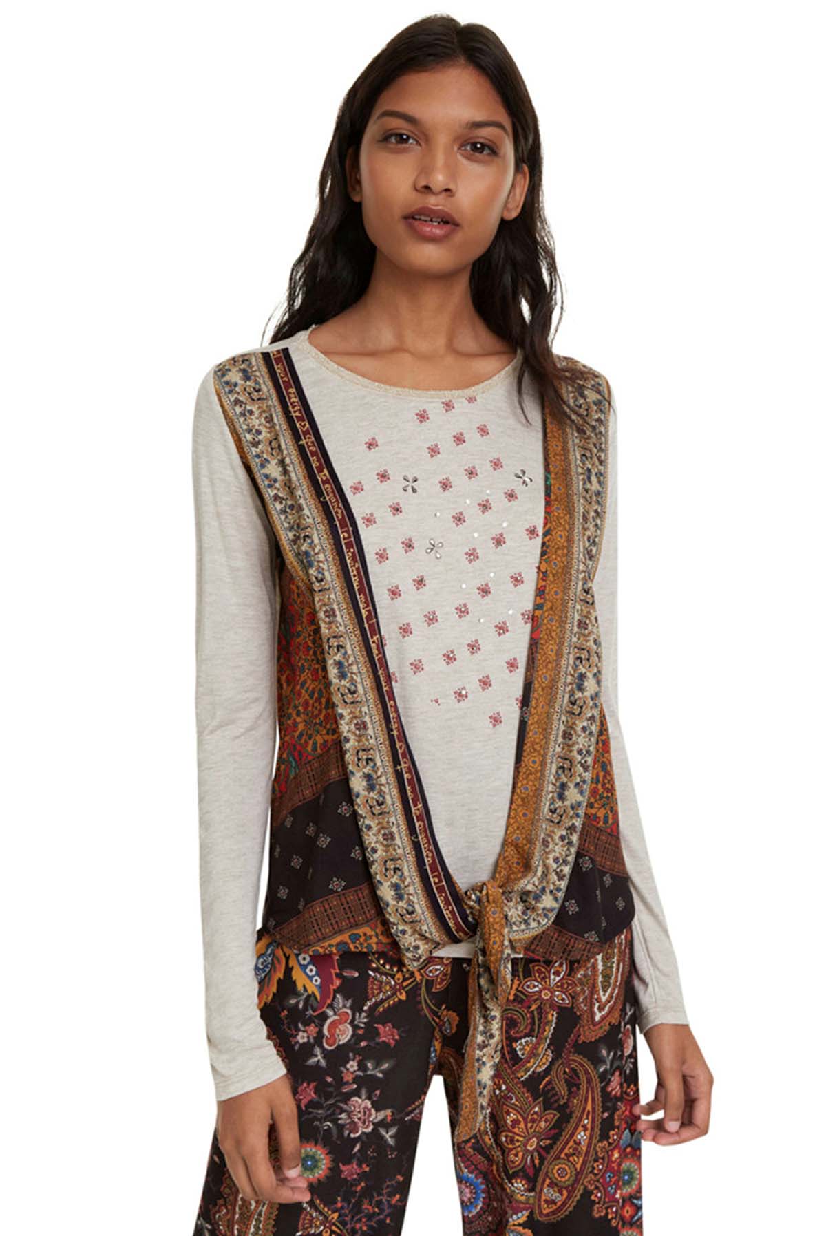 Desigual camiseta 19WWTKD7/1018 color beige