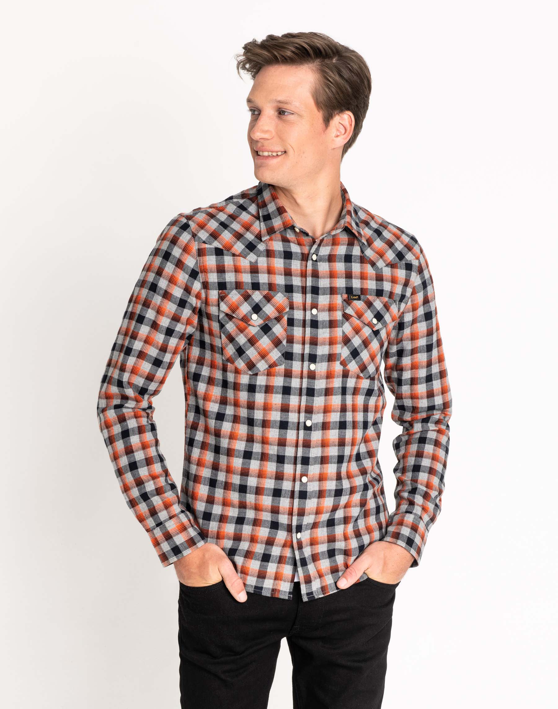 Lee camisa western d'home L643OAMA de quadres taronja/gris