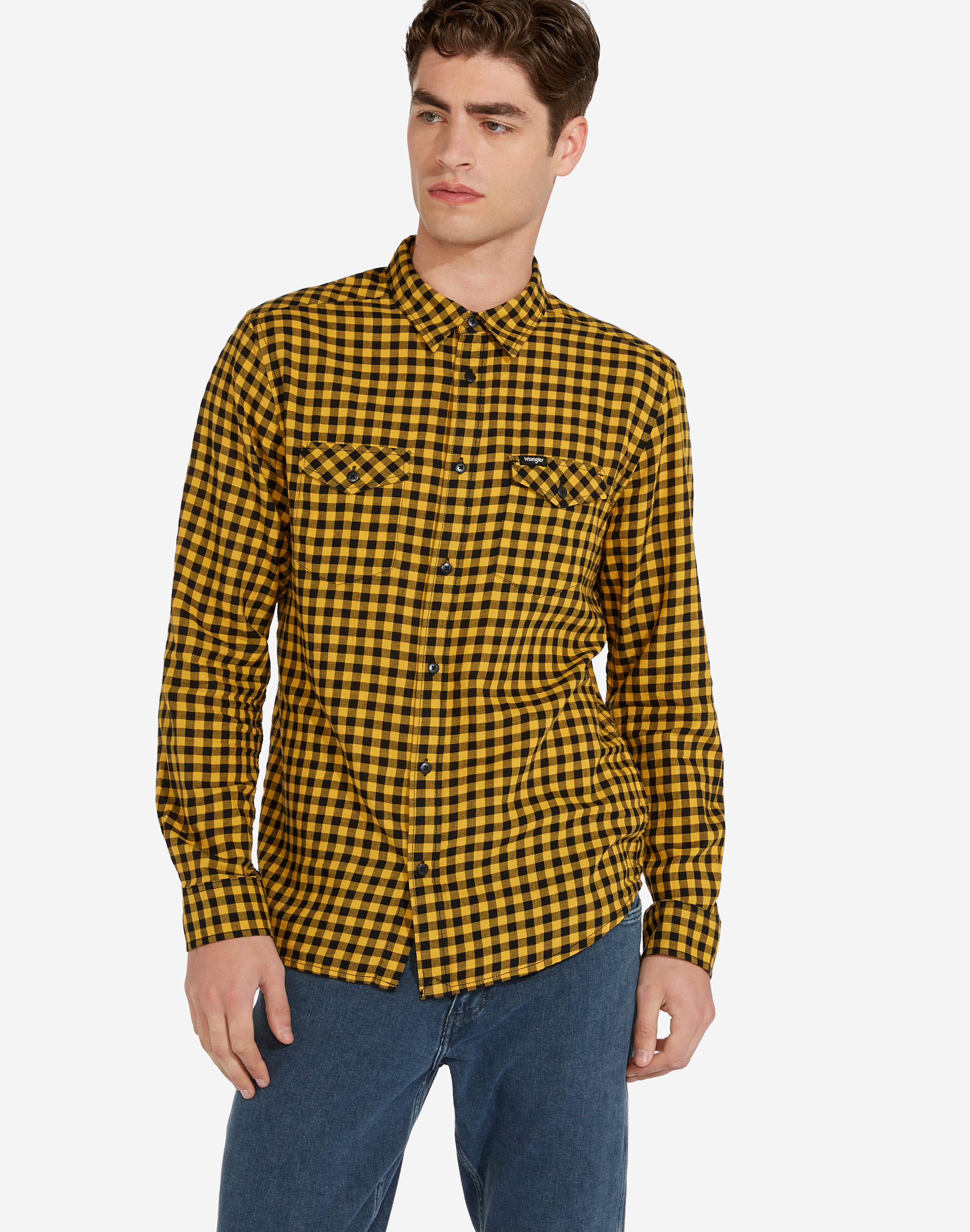 Camisa de hombre de algodón, de manga larga, Wrangler W5A5ORY02 de cuadros  amarillos y negros