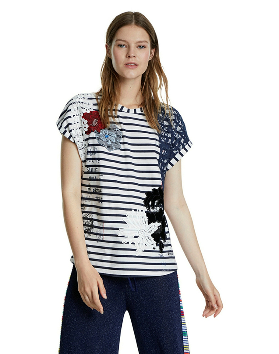 Desigual camiseta de mujer m/c 20SWTK70 de rayas blancas y azules