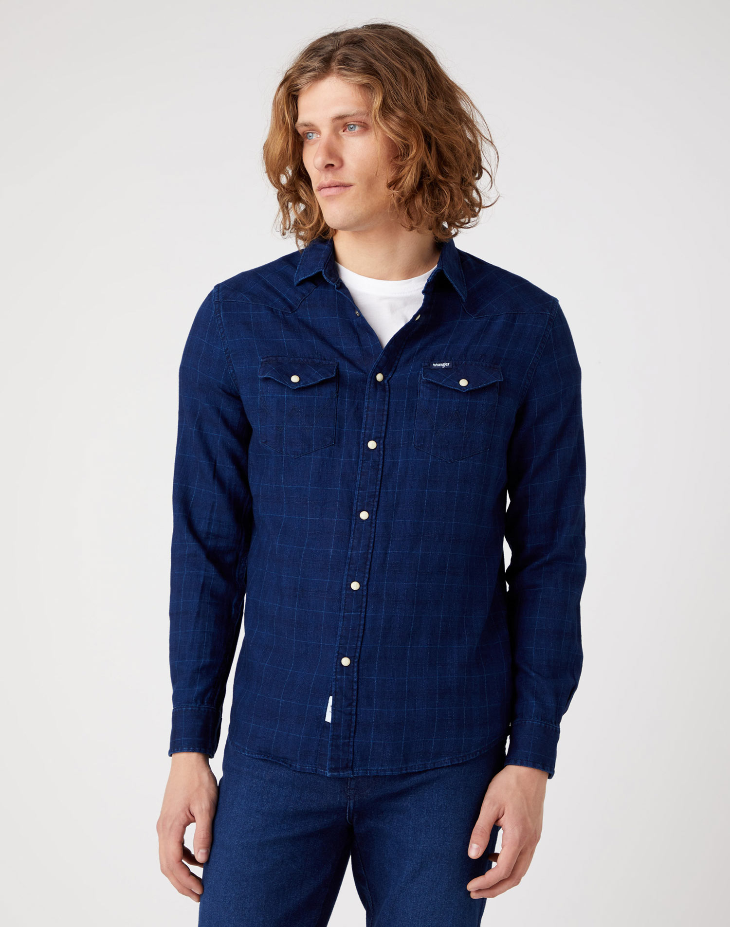 Wrangler camisa d'home de m/ll W5B4CQX8E de quadres blau marí