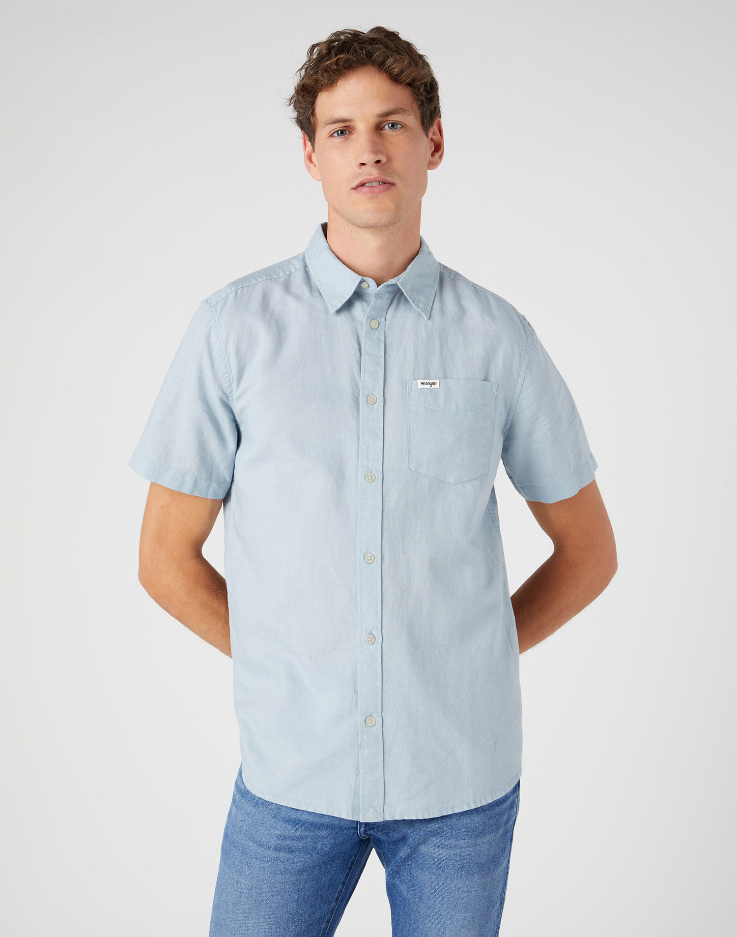 Wrangler camisa de hombre de lino/algodón de m/c W5K0LOM31 112330782 azul