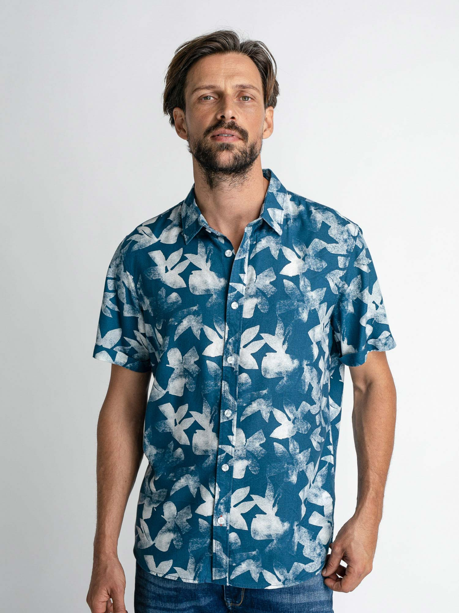 Petrol camisa d'home de m/c SIS435/5081 blava estampada