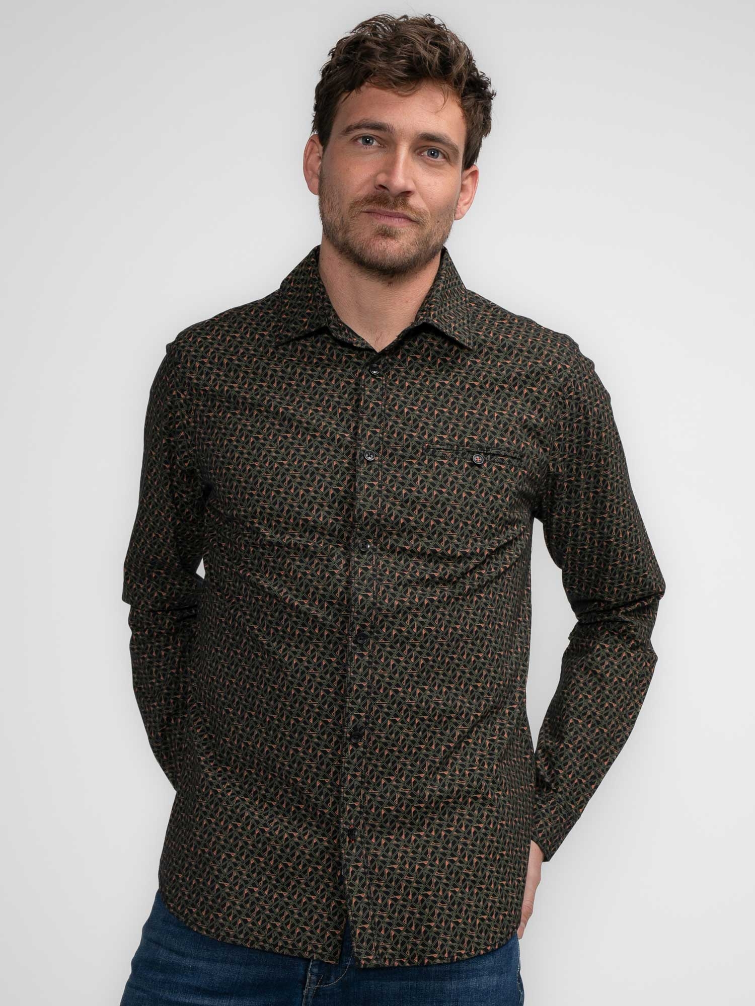 Petrol camisa d'home de m/ll SIL404/9091 estampada amb tons caqui